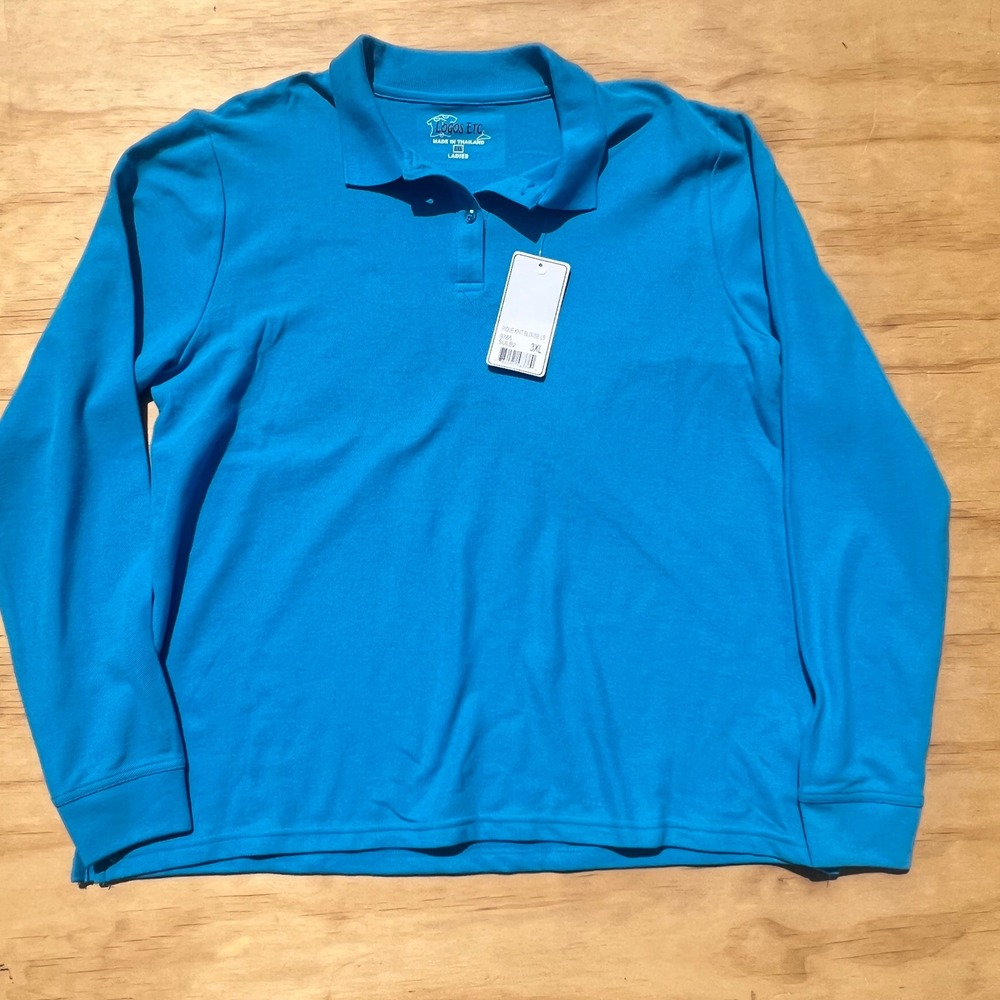 Logos Etc Blue Long Sleeve Pique Knit Polo Shirt Womens 3XL New 9765 SULB2